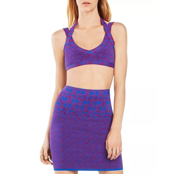 BCBGMAXAZRIA KIANA Geometric Jacquard Cropped Top Size Medium NWT Blue Red - Picture 1 of 9
